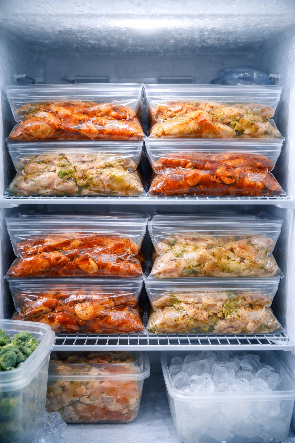 Frozen marinated chicken in bags stored in a freezer on shelves