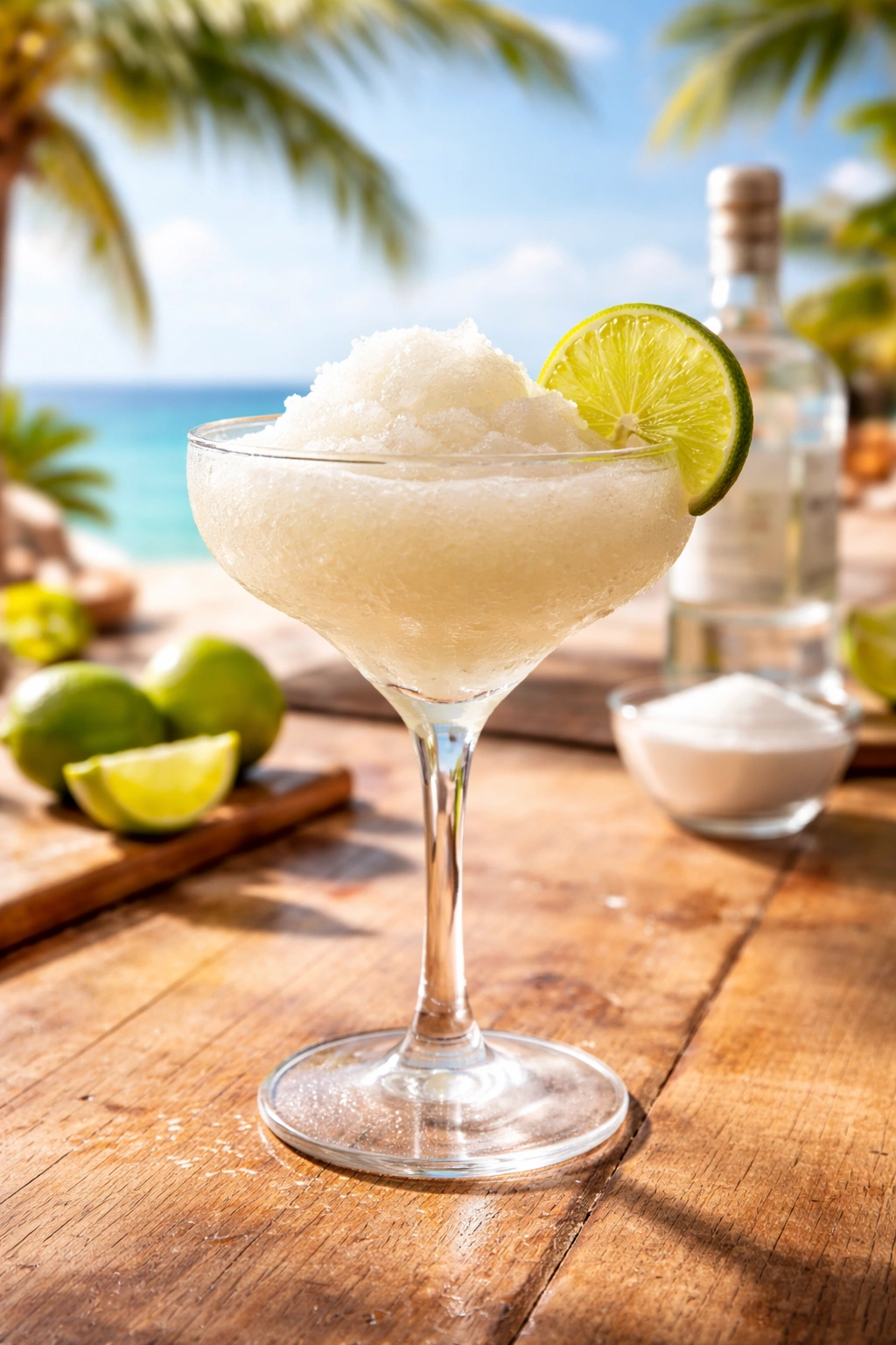 Frozen daiquiri in a chilled coupe glass with lime wheel
