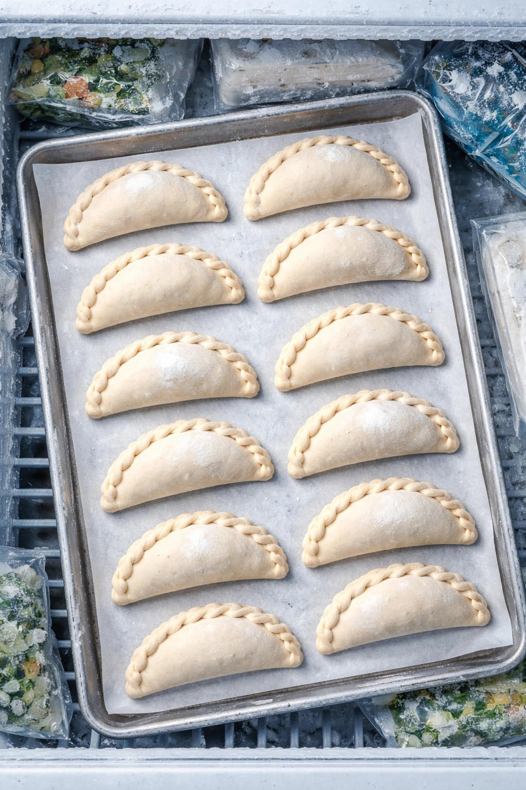 Unbaked empanadas arranged in a single layer on parchment in a freezer.