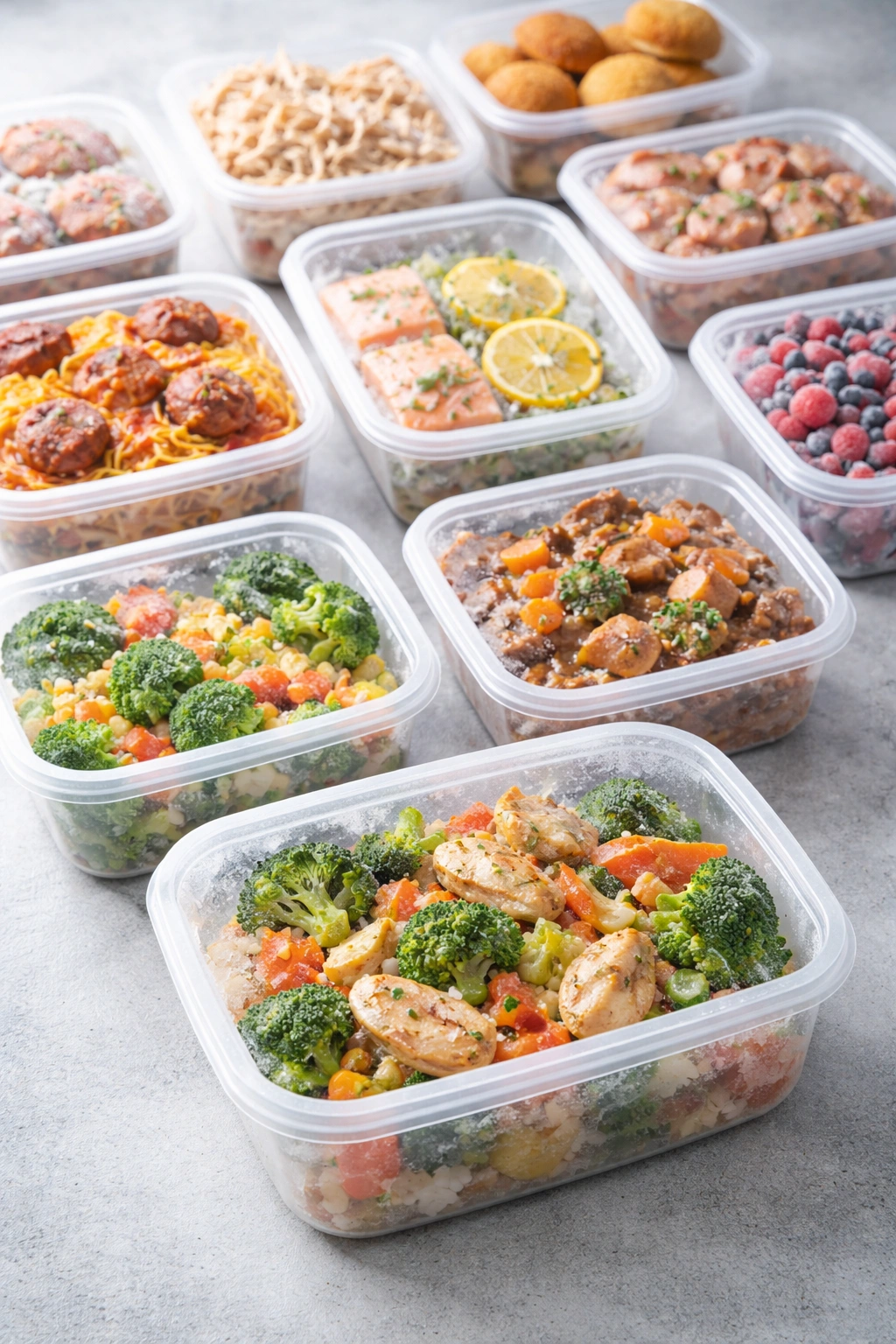 Assorted frozen foods in clear containers arranged in a grid