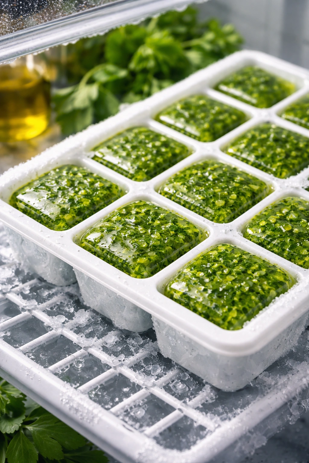 Ice cube tray with herb puree and oil ready for freezing.
