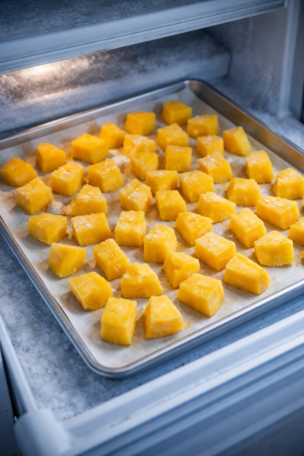 Mango chunks on parchment-lined tray inside a freezer ready to freeze