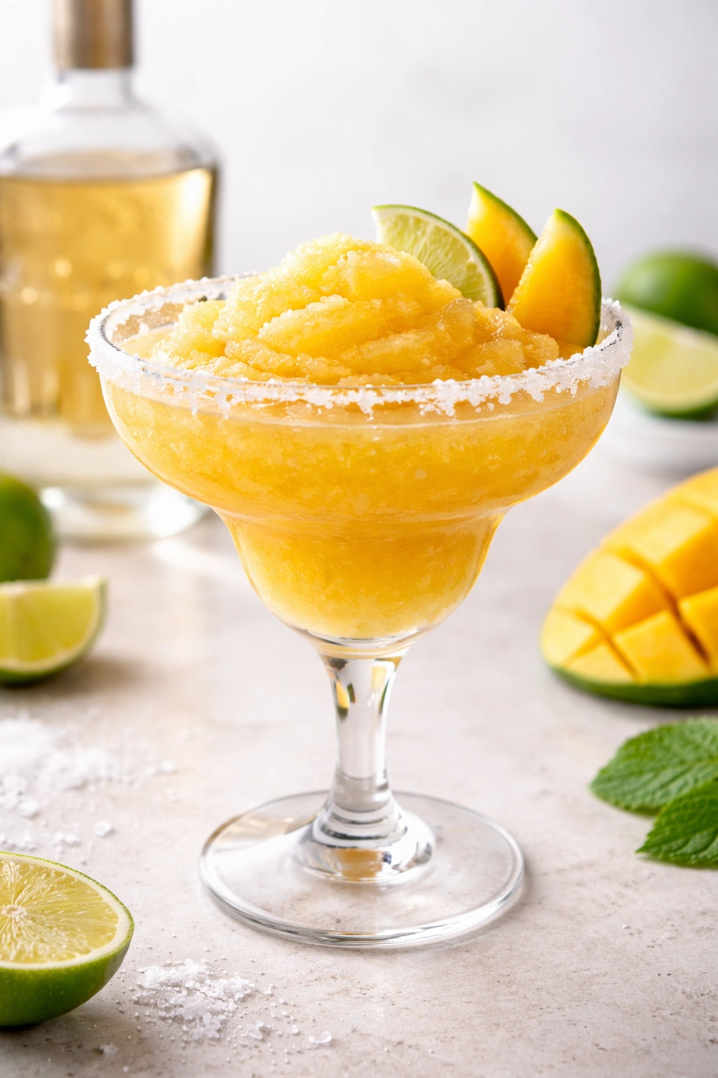 Close-up of a salt-rimmed frozen mango margarita with vibrant orange color