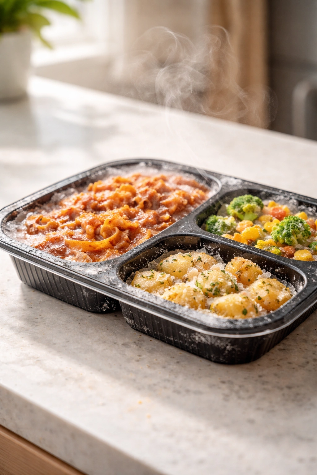 Frozen meal tray with compartments and steam