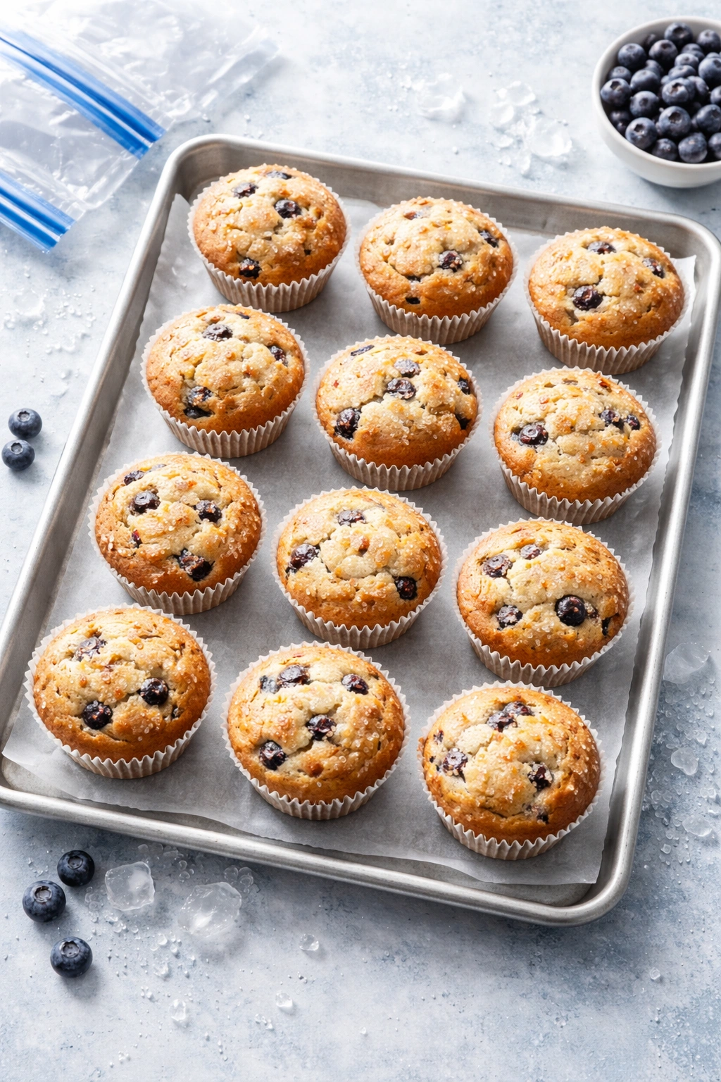 Muffins cooling on parchment ready for freezing