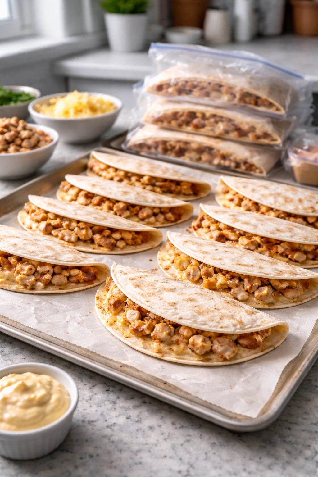 Assembled quesadillas on parchment ready to freeze