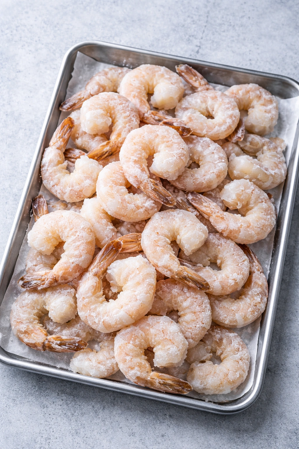 Frozen shrimp on ice crystals ready to thaw