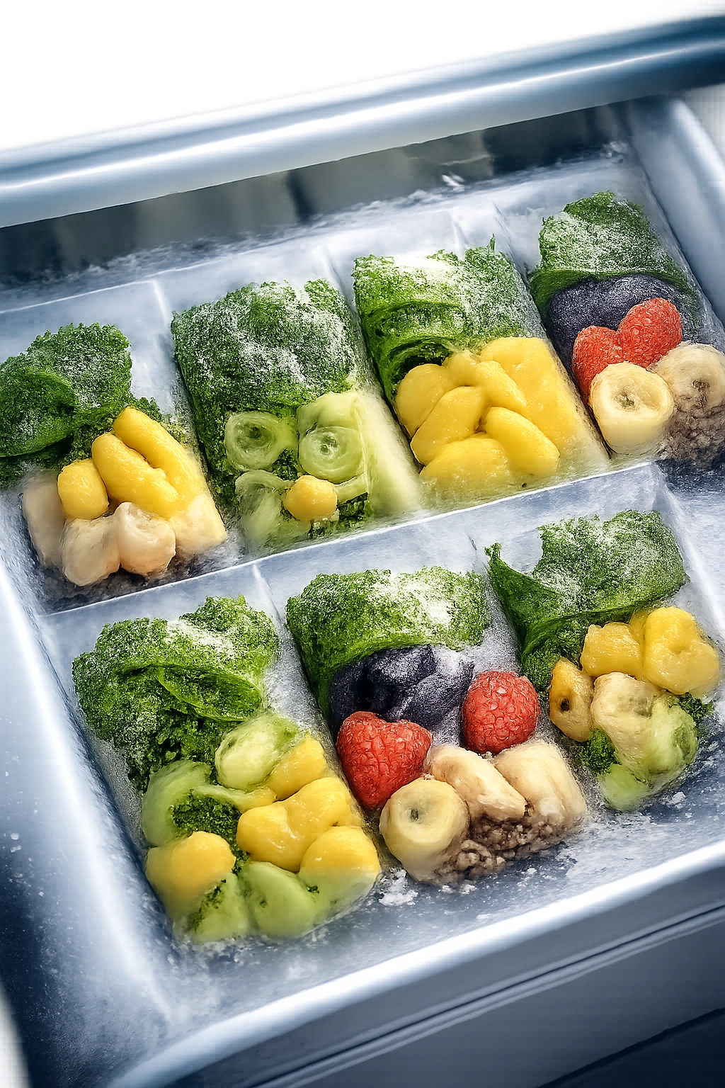 Frozen smoothie ingredients in clear bags inside a freezer