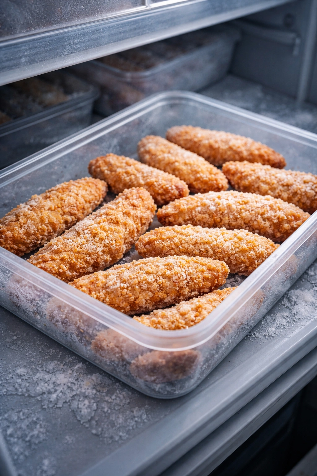 Frozen chicken tenders in a single layer inside a freezer container