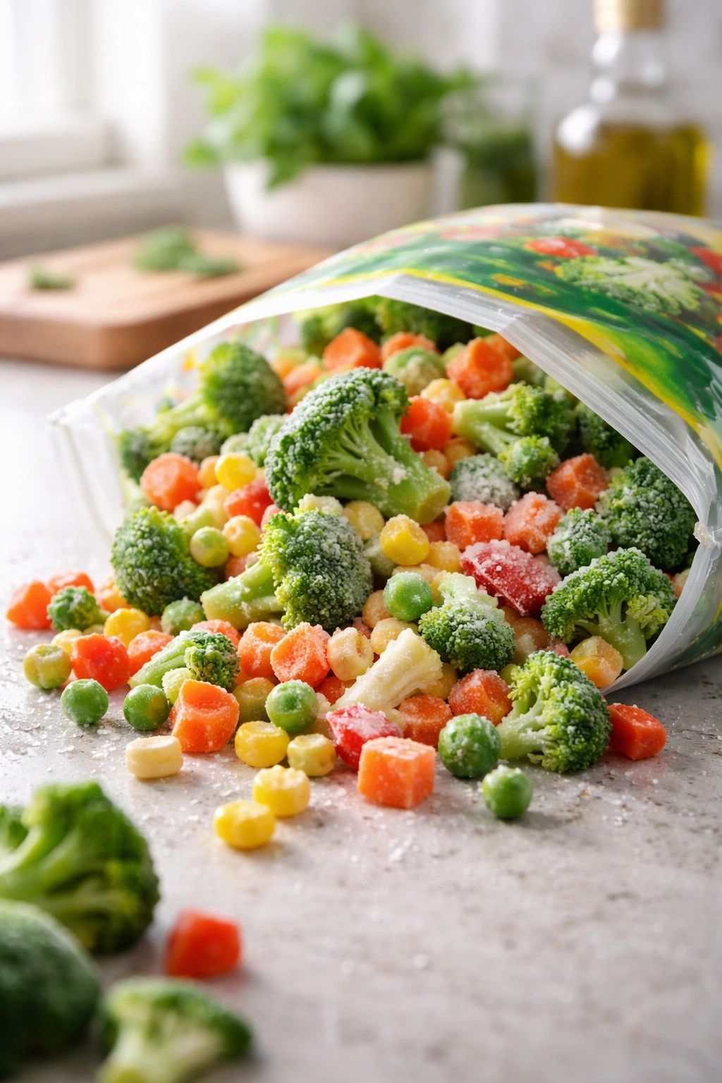 Bag of frozen vegetables on a bright counter illustrating budget-friendly produce
