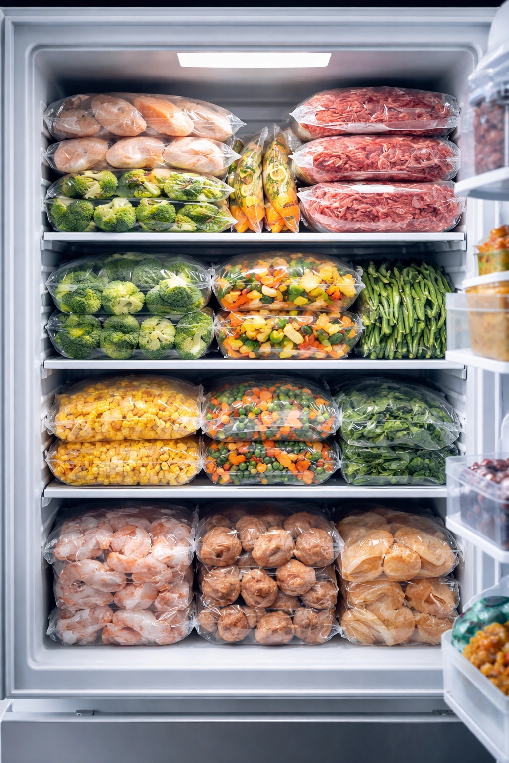 Open freezer with unlabeled frozen vegetables and proteins