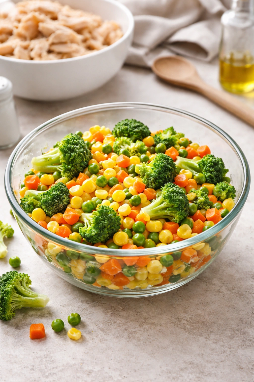 Close-up of thawed frozen mixed vegetables in a glass bowl on a clean kitchen counter