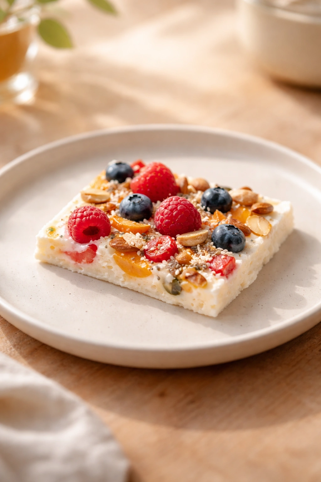 Single frozen yogurt bark piece on plate in a warm, minimalist setting