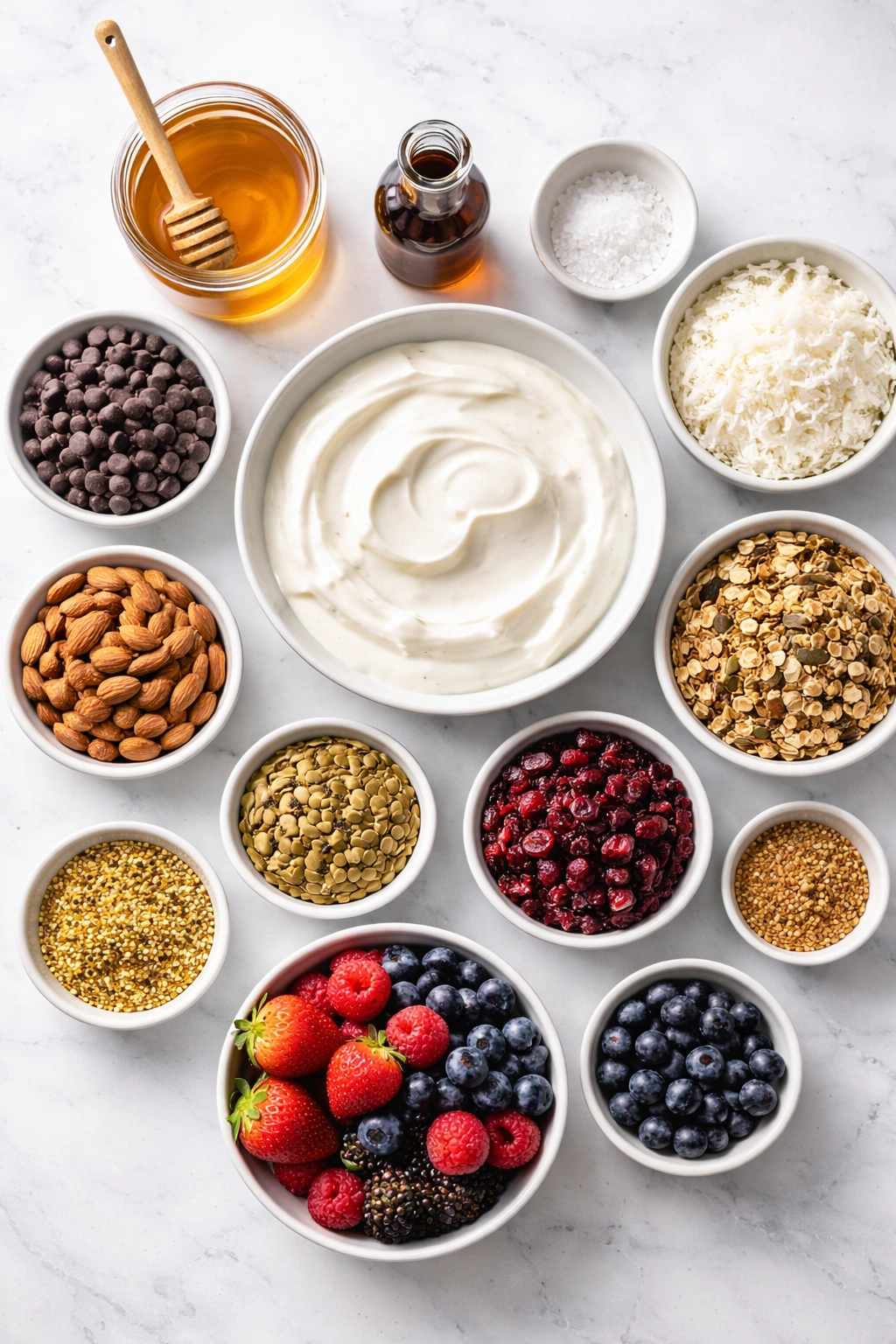 Assortment of base and topping ingredients for frozen yogurt bark on a clean surface