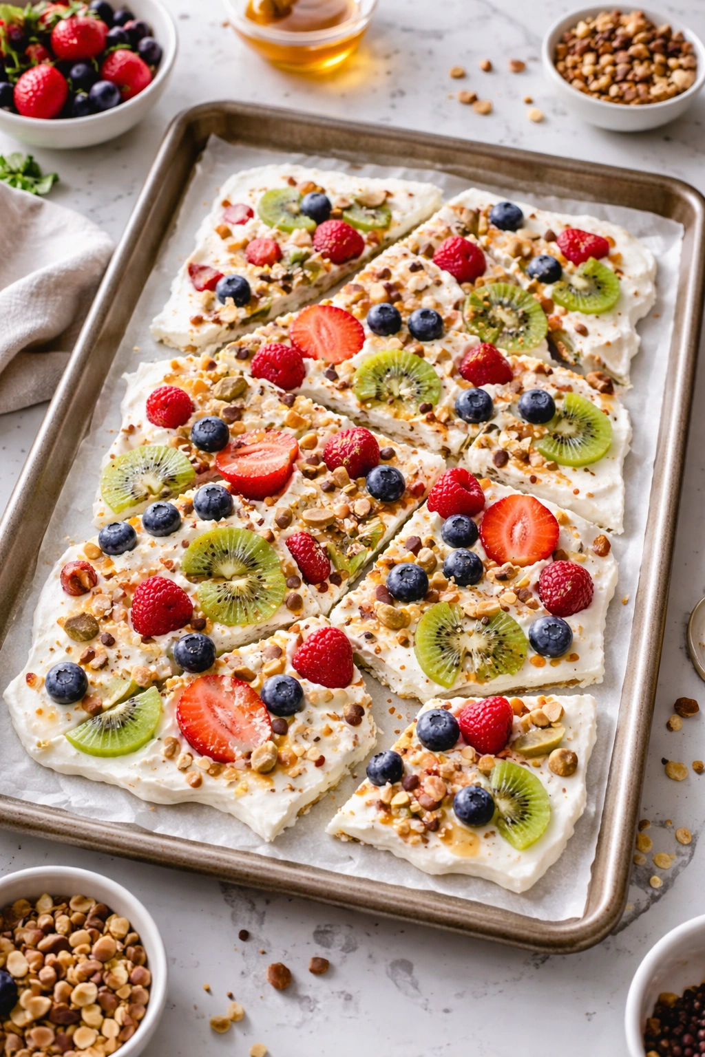 Close-up of frozen yogurt bark shards with colorful toppings on a parchment-lined sheet