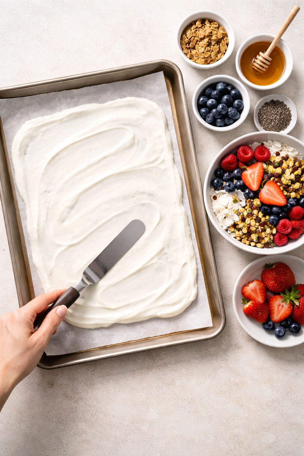 Yogurt being spread on parchment-lined sheet for frozen yogurt bark during preparation