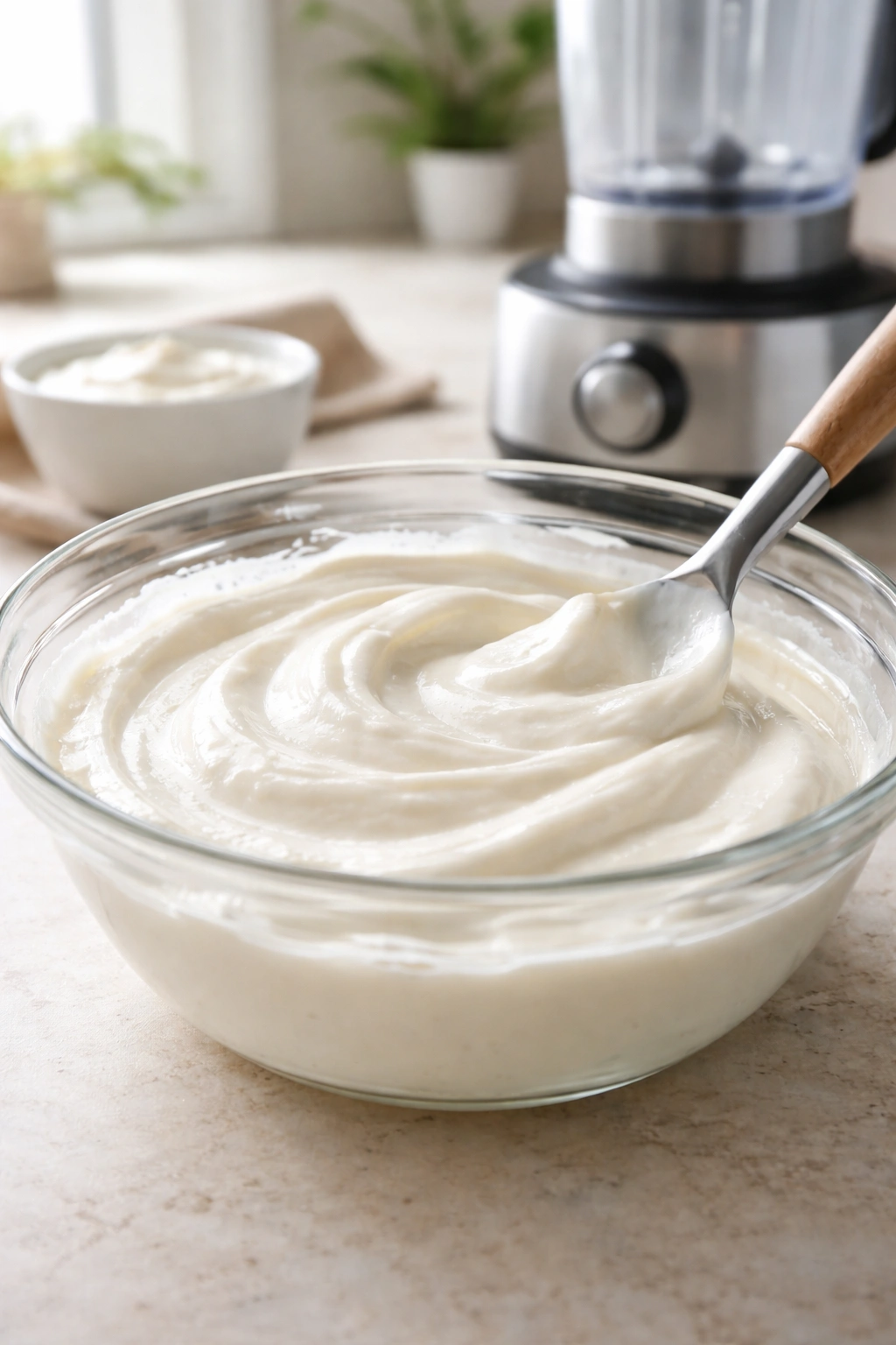 Creamy frozen yogurt base in a glass bowl ready to churn