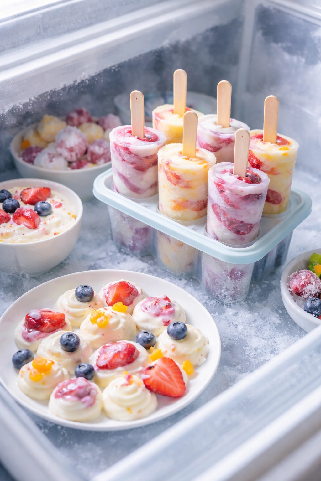 Frozen yogurt popsicles with fruit swirl on sticks in a freezer
