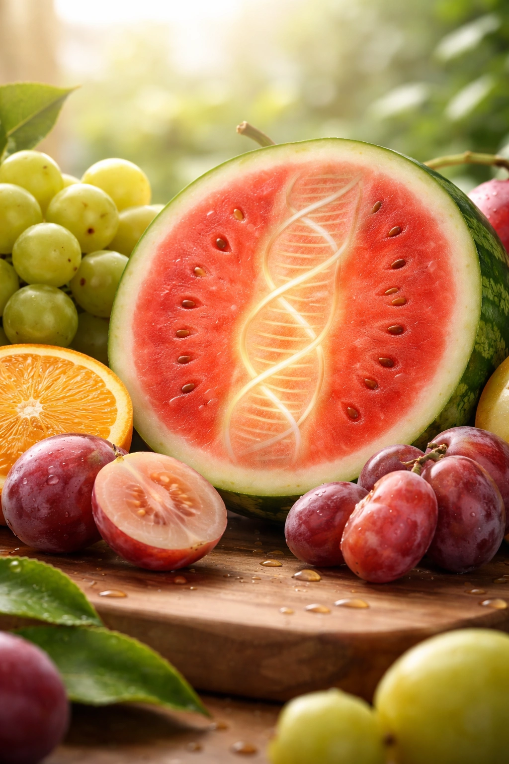 Seedless fruit silhouette with a faint double-helix pattern inside