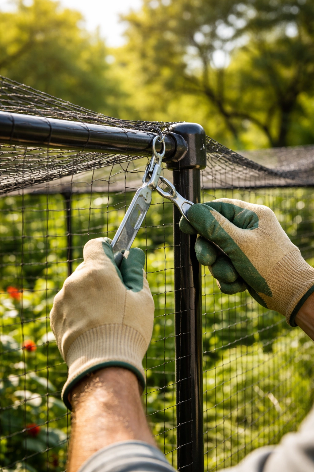 Close-up of gloved hands tightening netting tension on a fruit cage