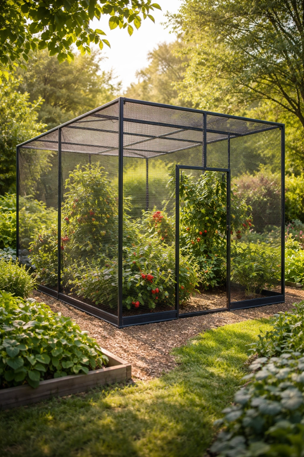 Garden fruit cage protecting fruit-bearing plants in sunny yard