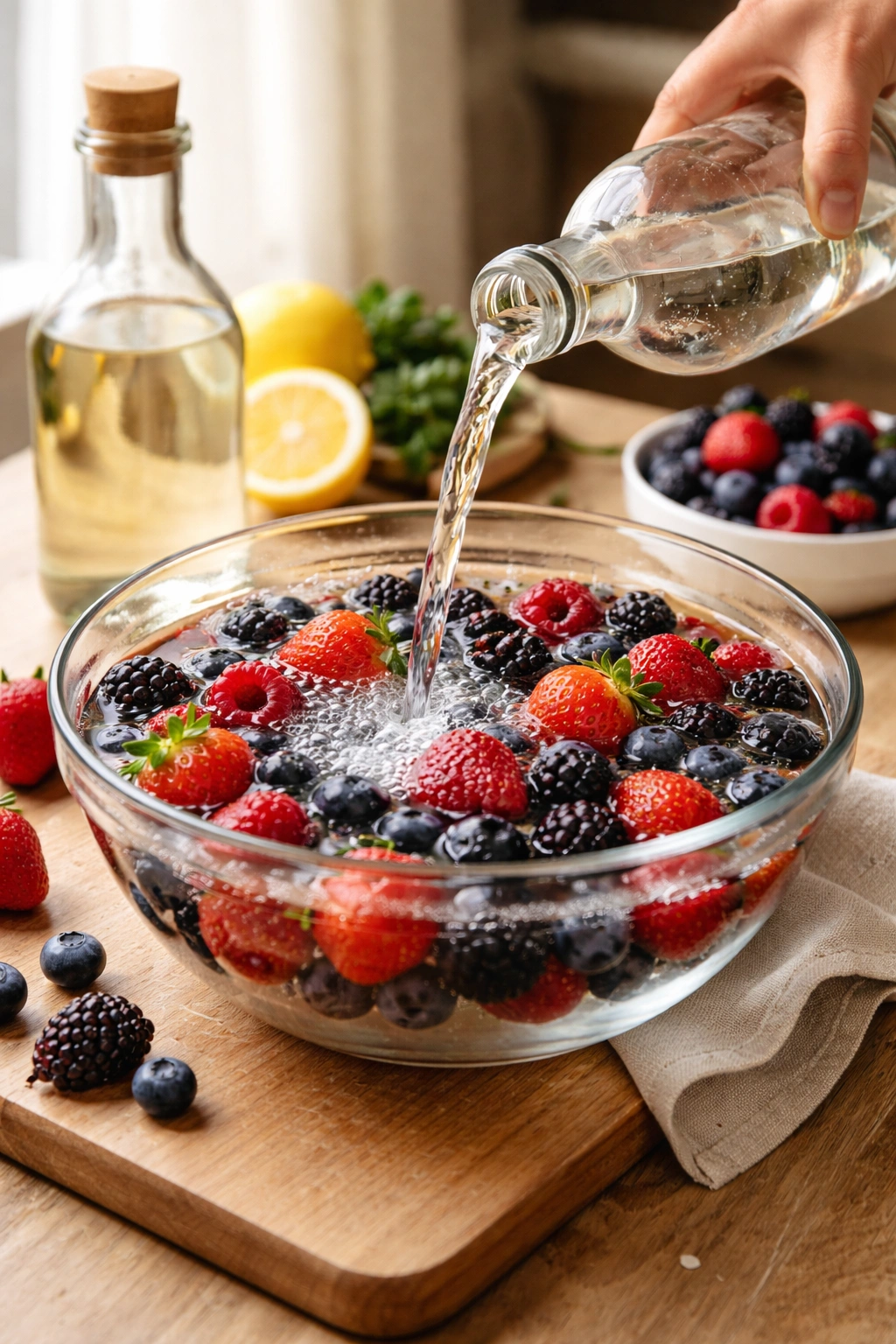 Fruit being cleaned with vinegar solution
