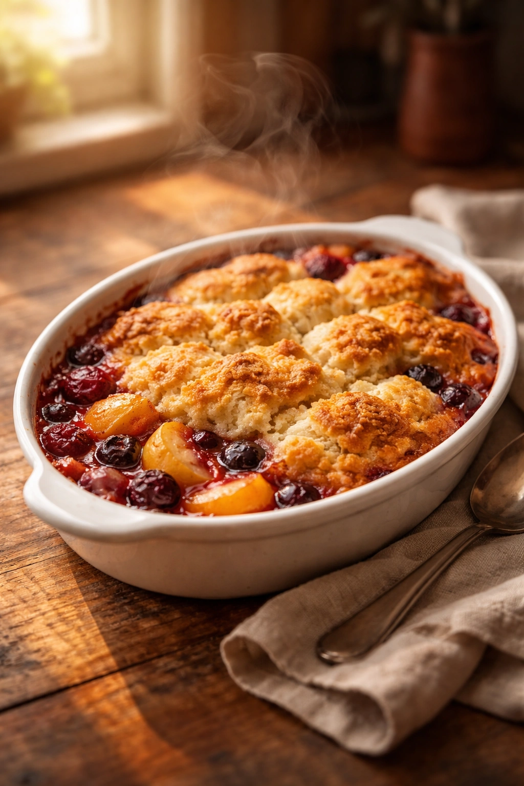 Warm fruit cobbler in a baking dish on a rustic table, cozy kitchen lighting