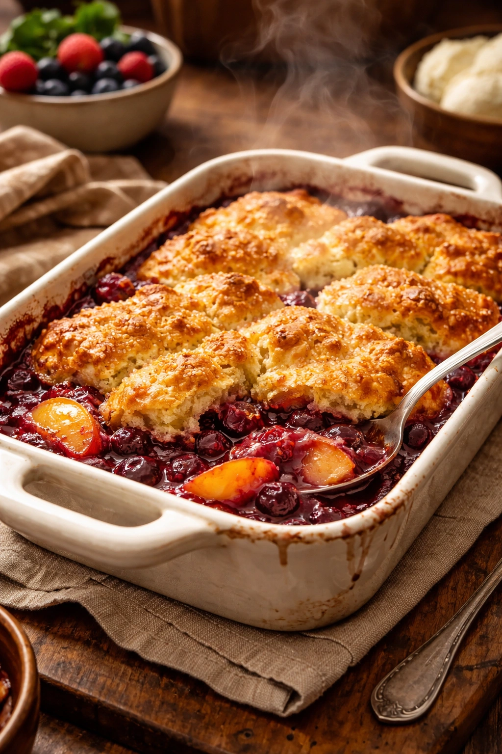 Close-up of bubbling fruit cobbler in a rustic dish with golden topping