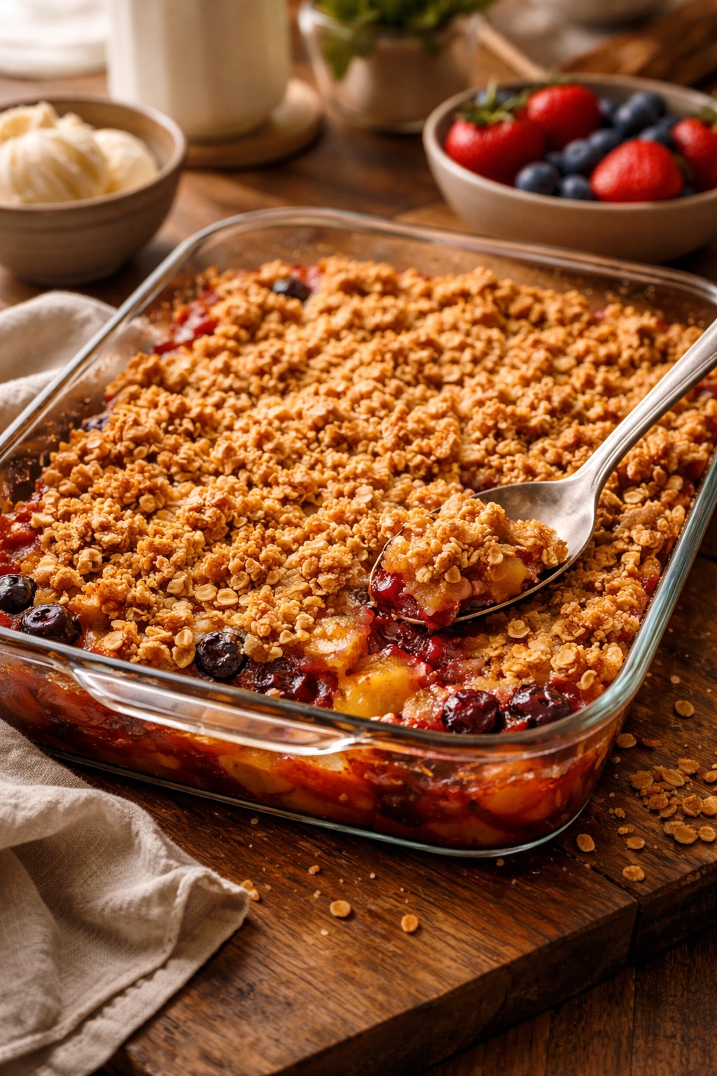 Close-up of bubbling golden fruit crisp in a glass baking dish on a wooden counter