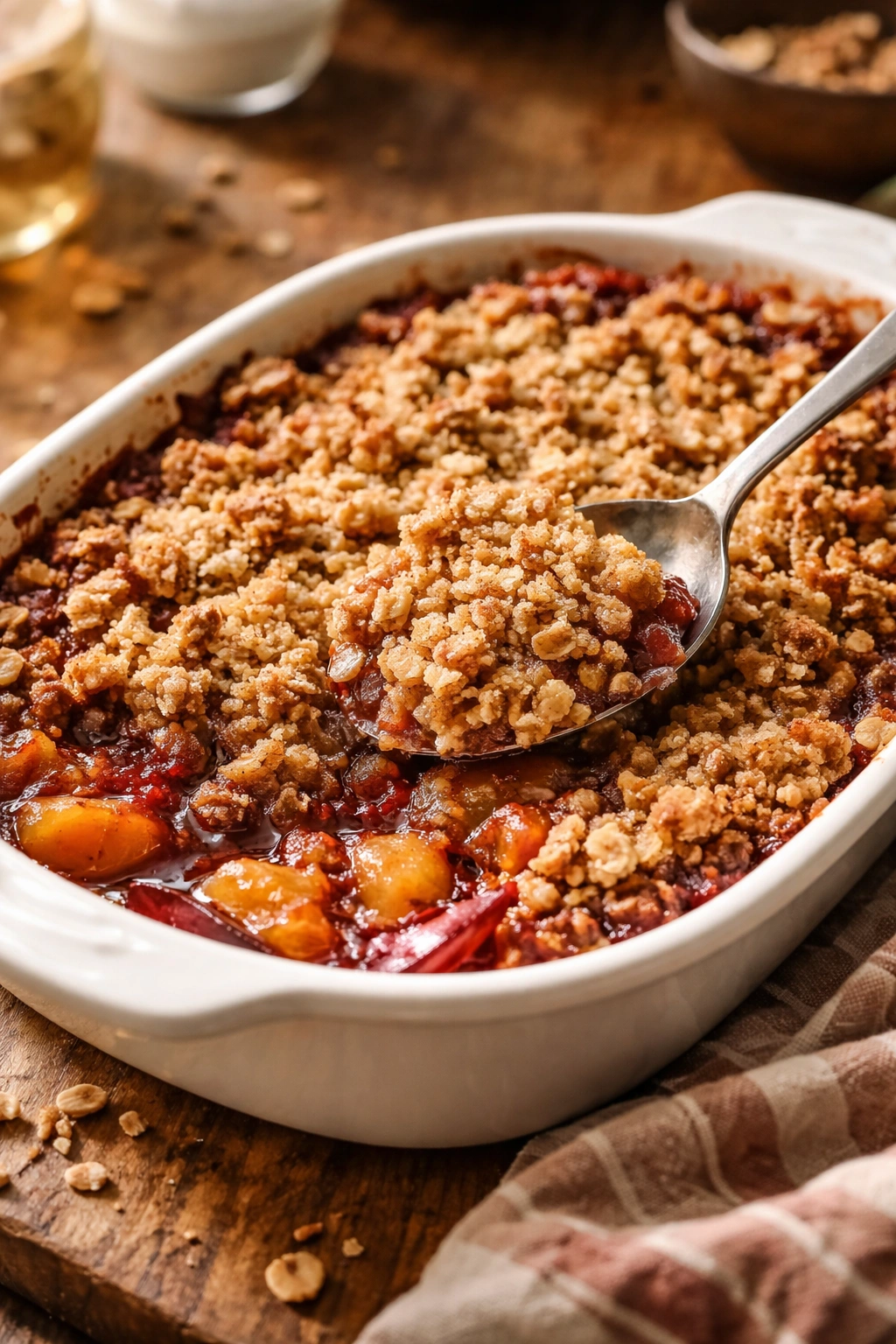 Close-up of crumbly oat topping on a bubbling fruit crisp in a baking dish
