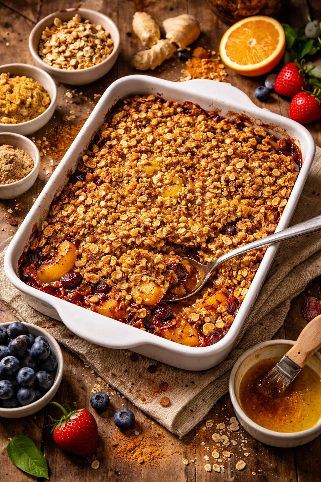 Golden fruit crisp with crumb topping suggesting flavor variations
