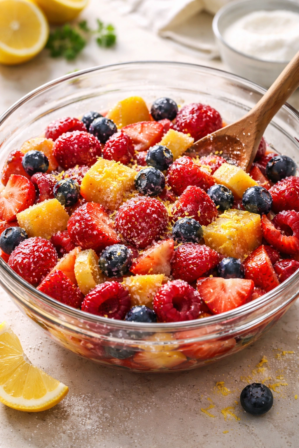 Bowl of mixed fruit with cornstarch and lemon zest for pie filling