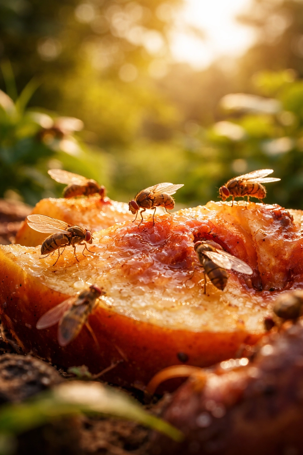 Fruit flies attracted to fermenting fruit in a sunlit garden