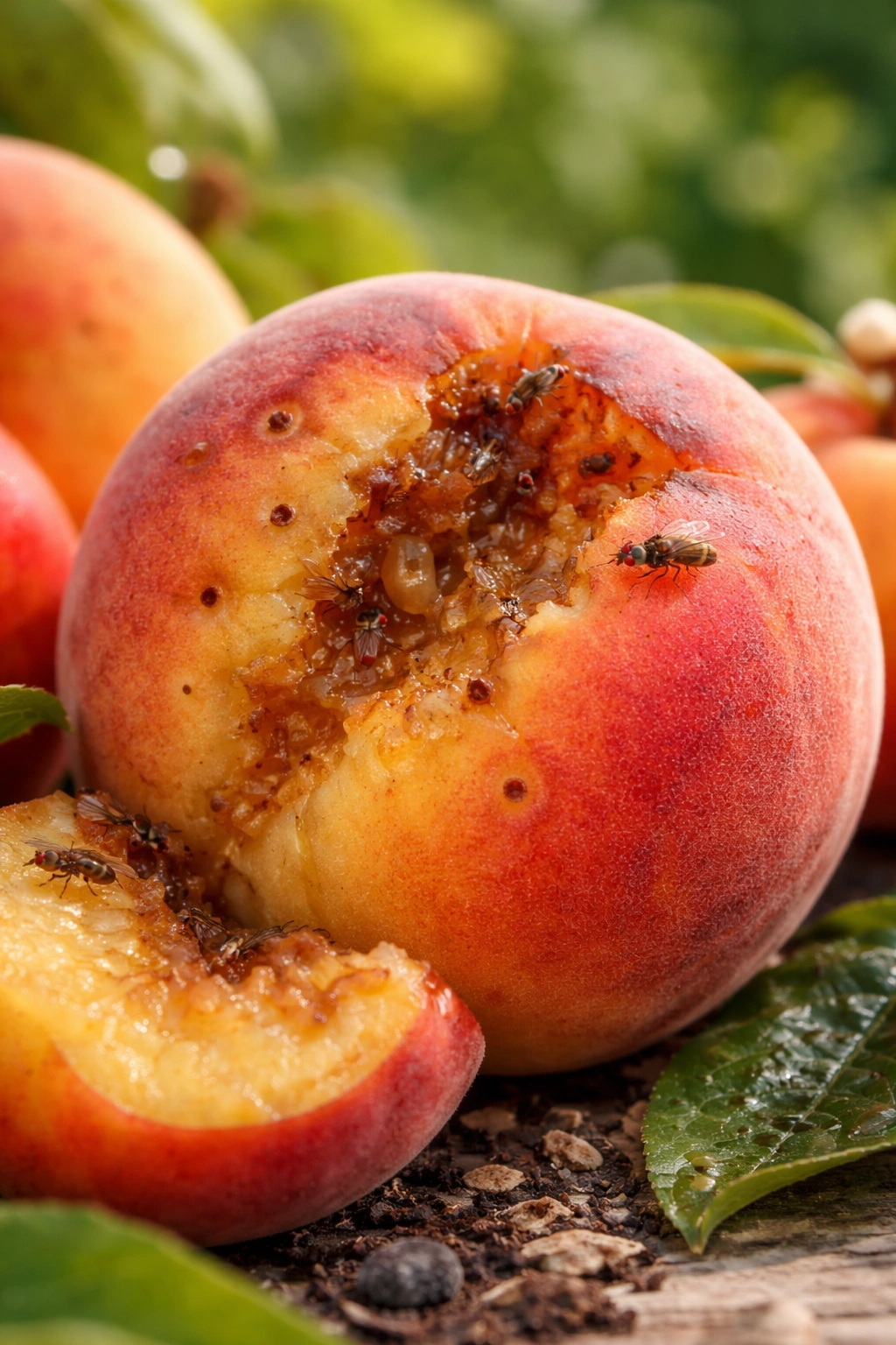 Peach showing puncture marks and soft interior from fruit fly damage