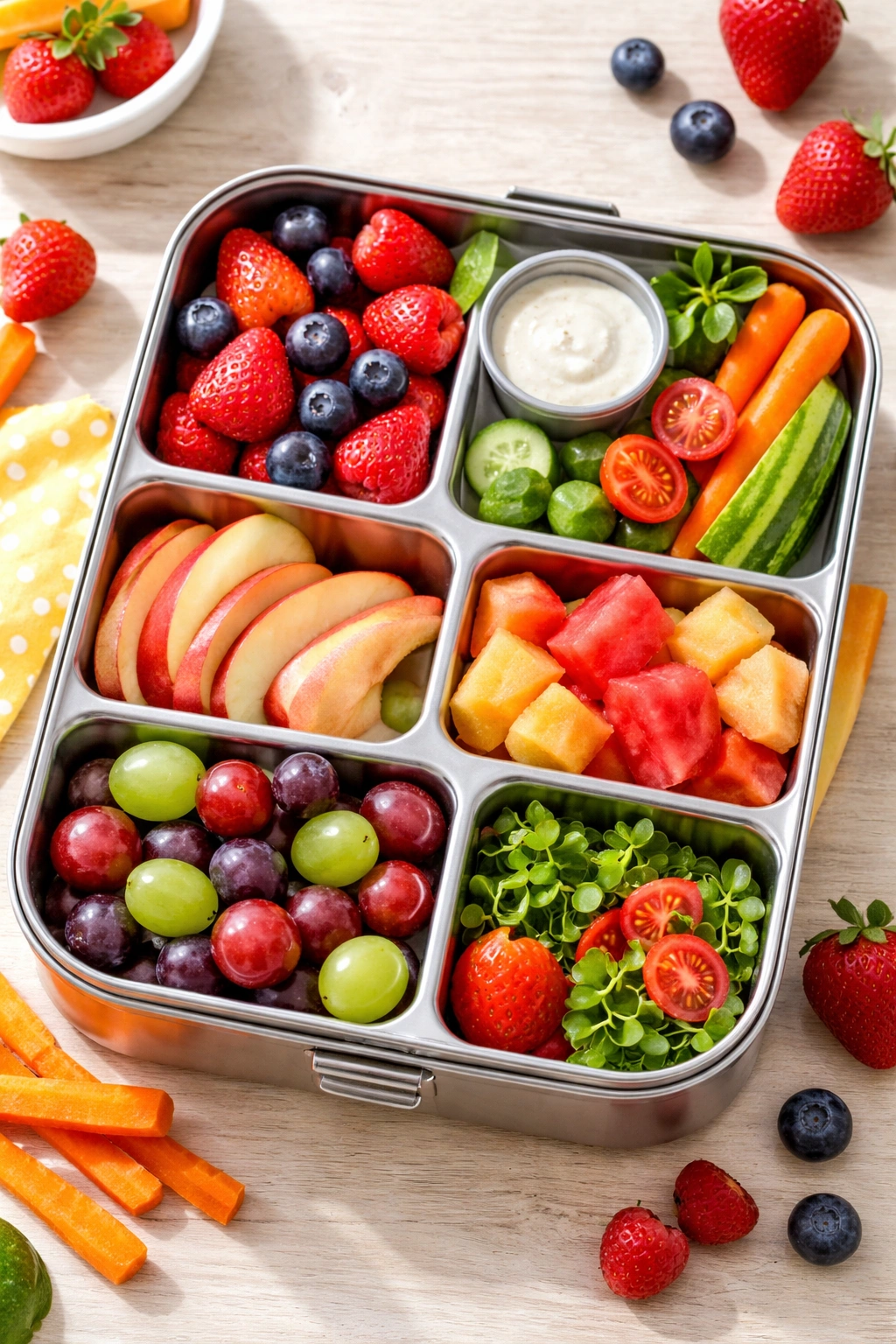 Fruit-forward lunchbox dominated by berries and melon with a small vegetable side