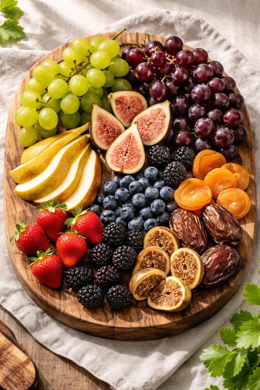 Fresh and dried fruits arranged on a board