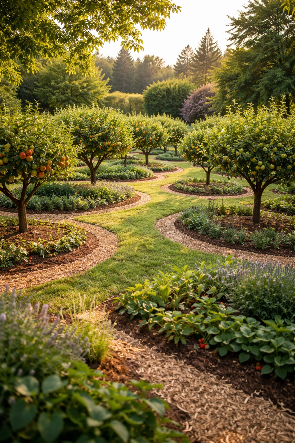 Close-up of a thoughtfully designed fruit garden with evenly spaced trees and mulched beds