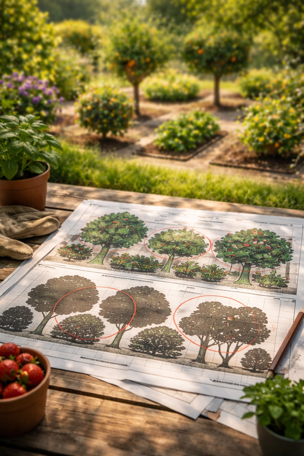 Overcrowded vs well-spaced fruit garden layout comparison