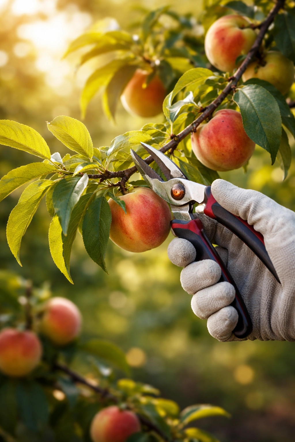 Close-up of gloved hand pruning a healthy fruit tree branch in sunlight