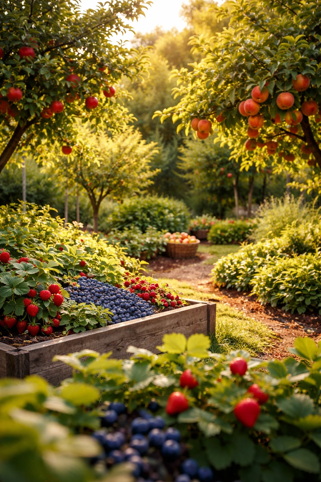 Lush backyard fruit garden with trees and berry bushes in harvest