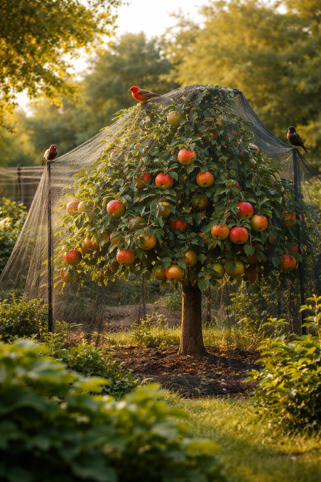 Backyard fruit tree protected by netting with birds nearby illustrating harvest protection challenges
