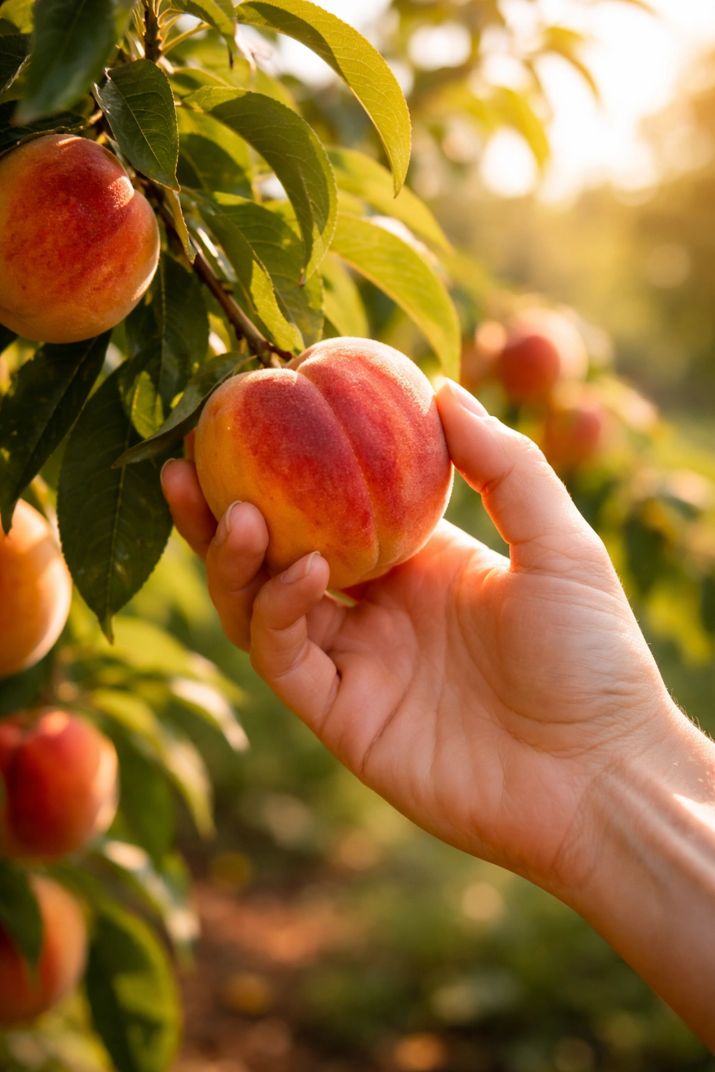 Hand harvesting ripe fruit from a tree in a sunlit garden