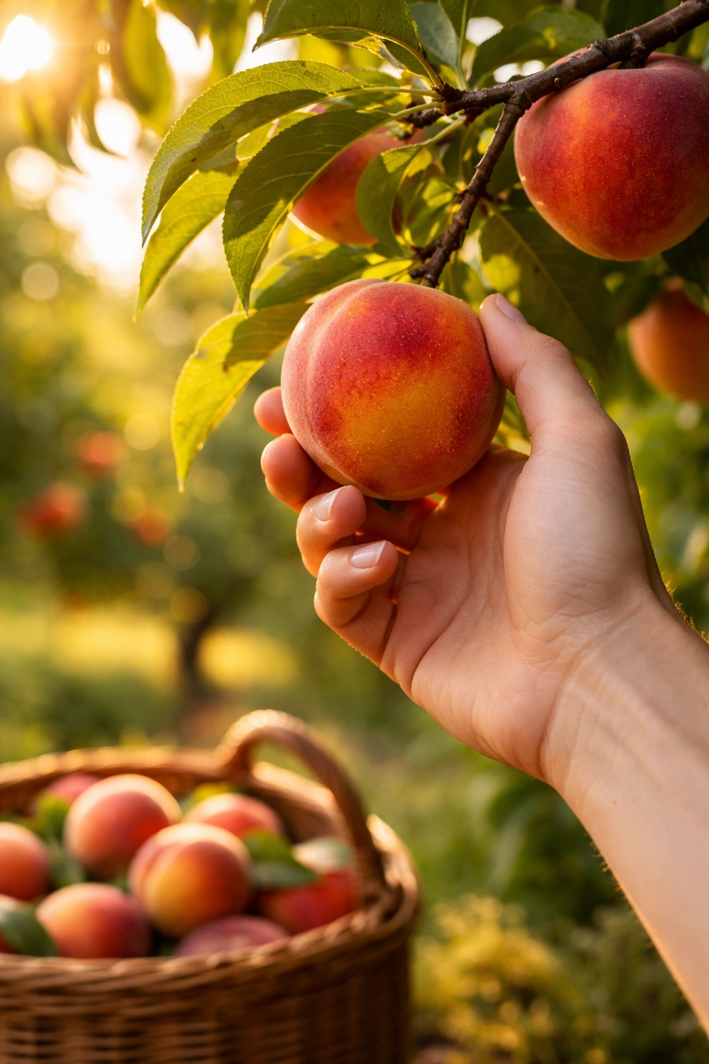 Hand picking ripe fruit from a tree in sunlight