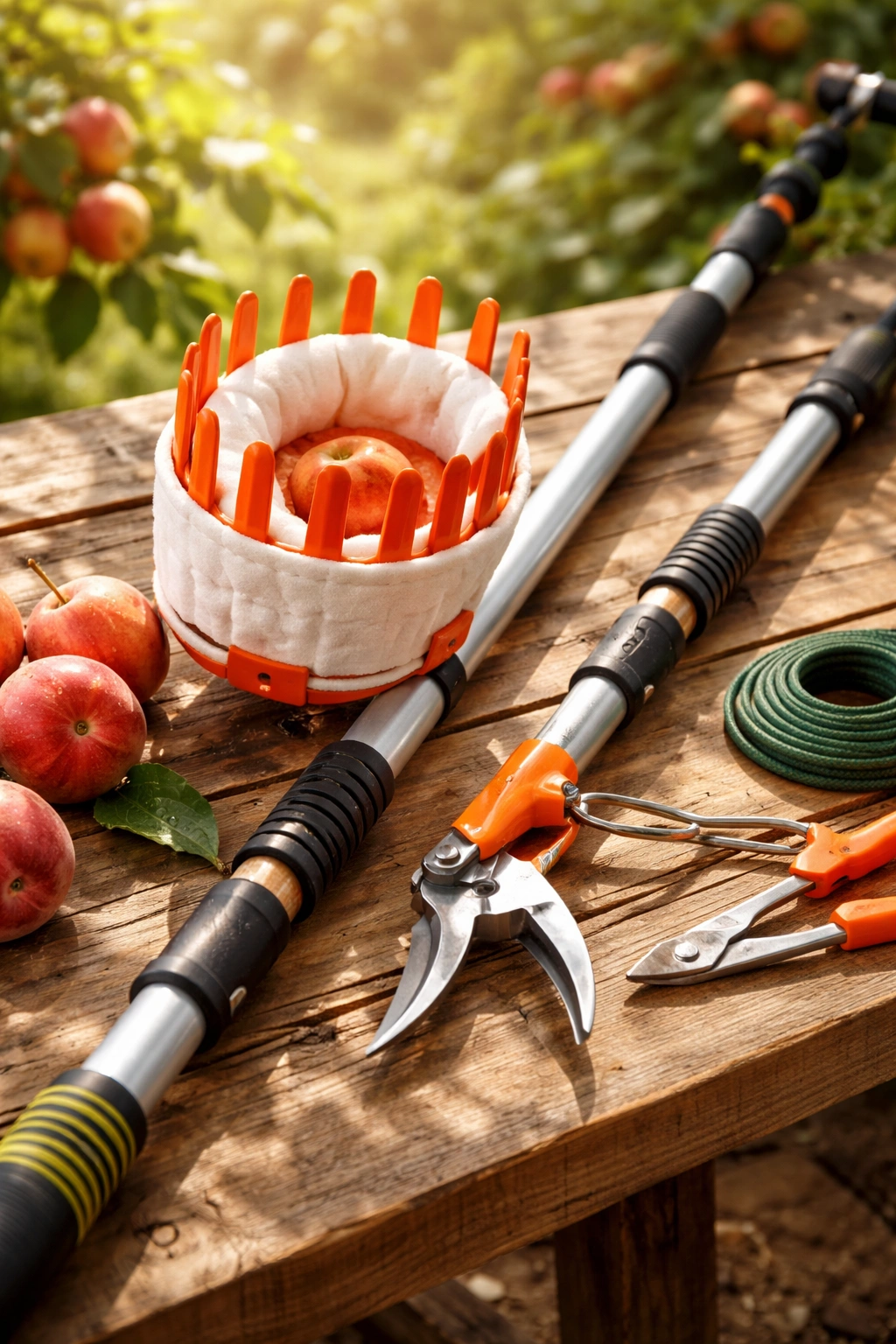 Close-up of premium fruit picking tools on wooden bench