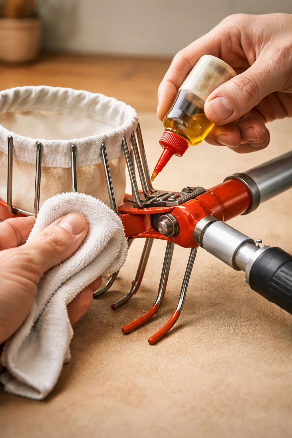 Cleaning and lubricating a fruit picker, focusing on joints