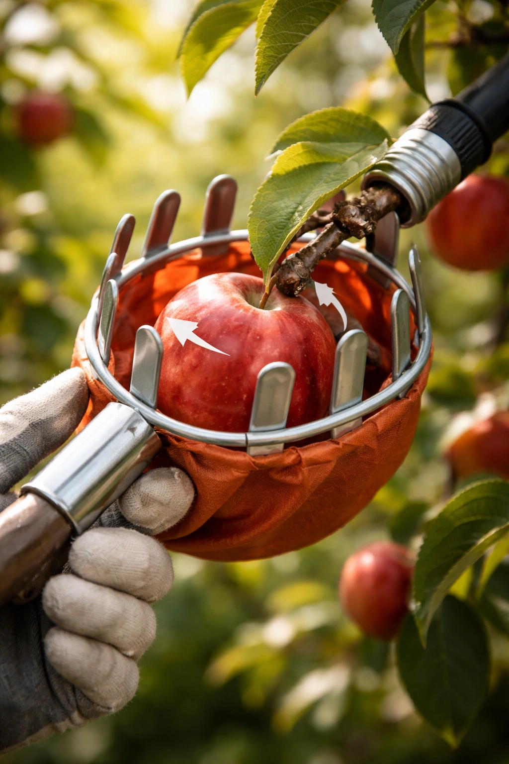 Close-up of fruit picker applying twist-and-pull technique to fruit on a branch