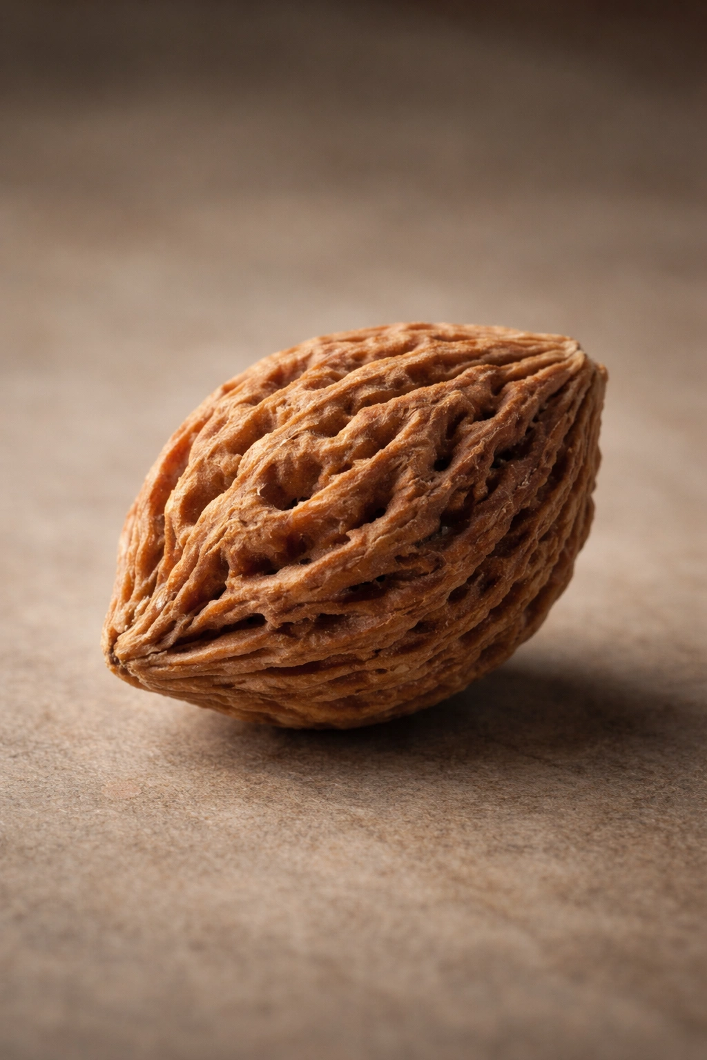 Close-up of a peach pit on a neutral surface showing rugged texture