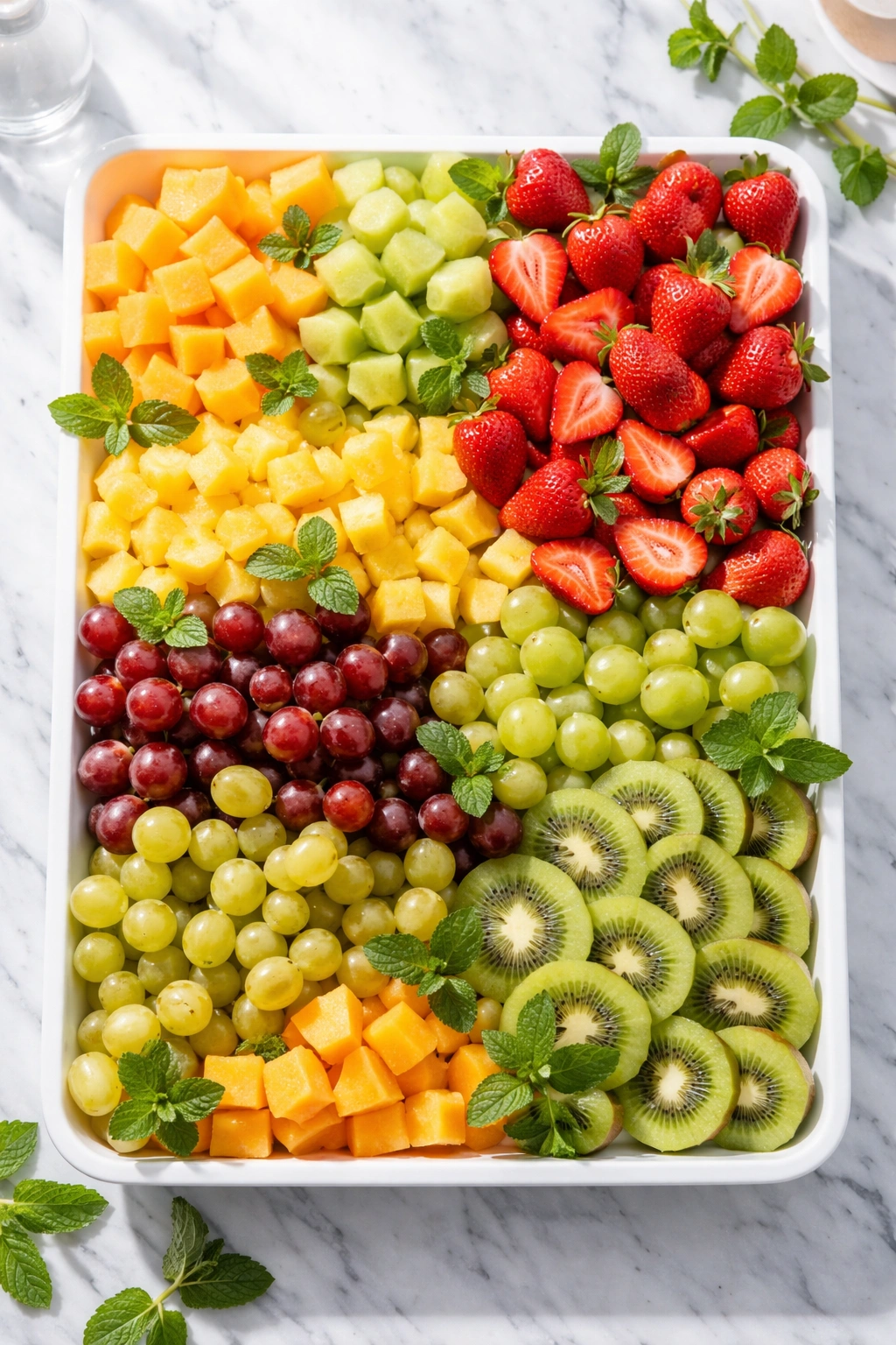 Colorful fruit platter with neatly cut fruit arranged by color