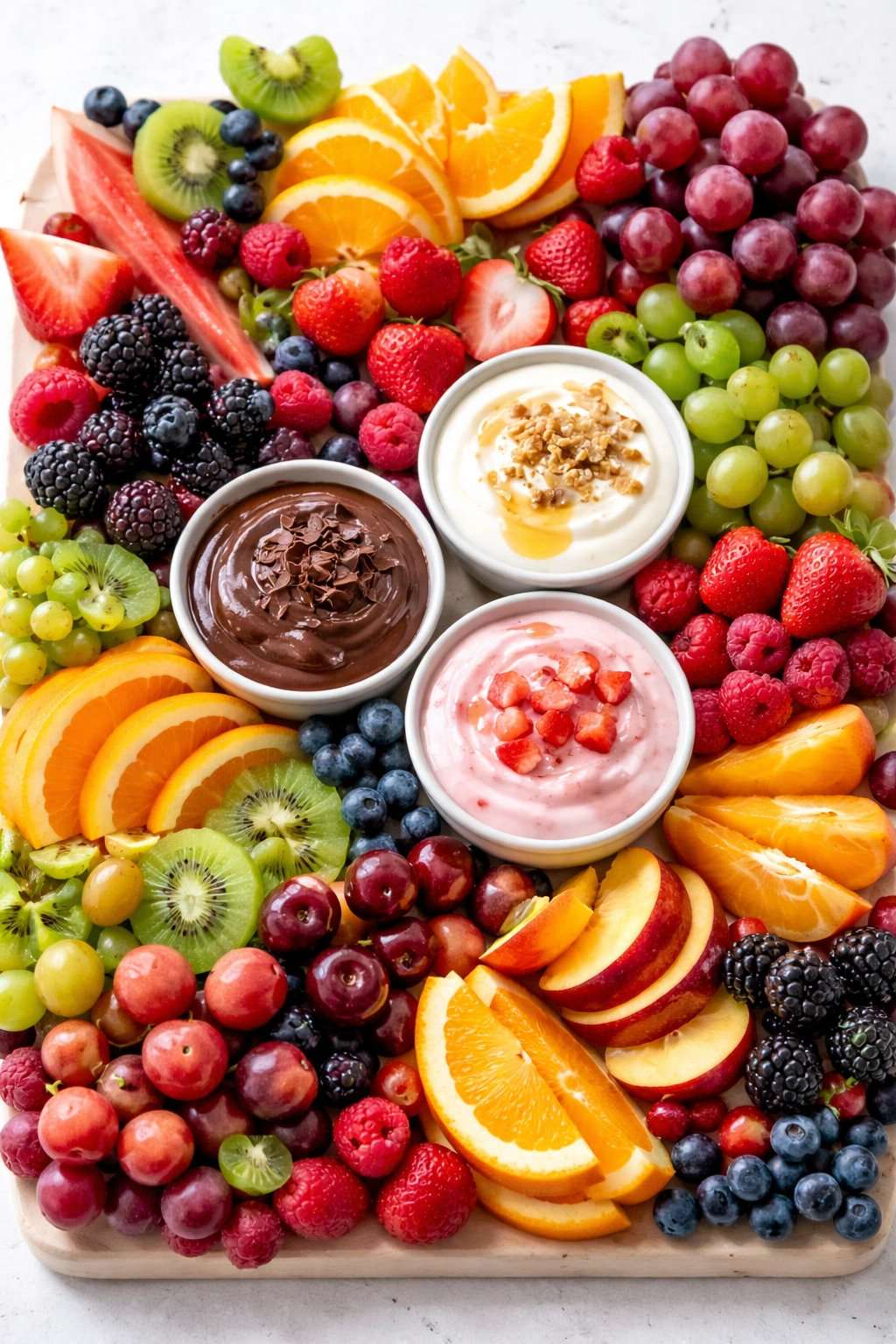 Seasonal fruit platter with dipping sauces in small bowls
