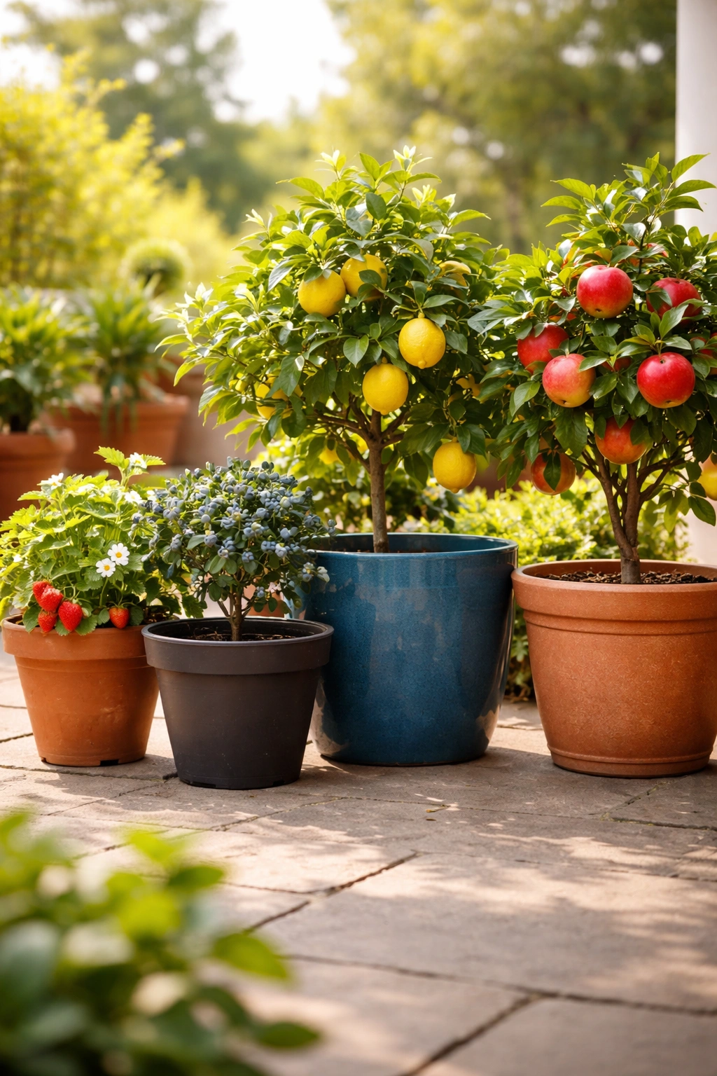 Row of fruit pots in different sizes on a sunny patio